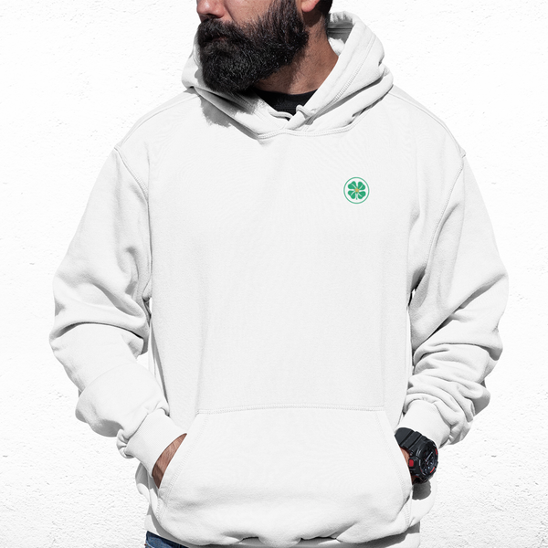 Celtic White Mens Hoodie, Kangaroo Pouch Pocket, Self-Coloured Cords, 80% Cotton/20% Polyester, Embroidered Celtic Logo